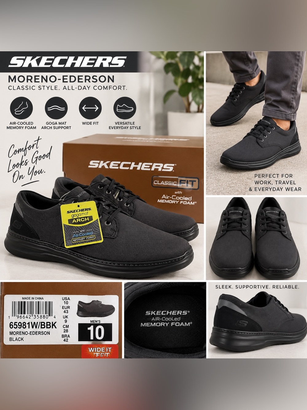 Skechers Moreno Ederson Men’s 10 Wide Black Air Cooled Memory Foam Shoes NIB